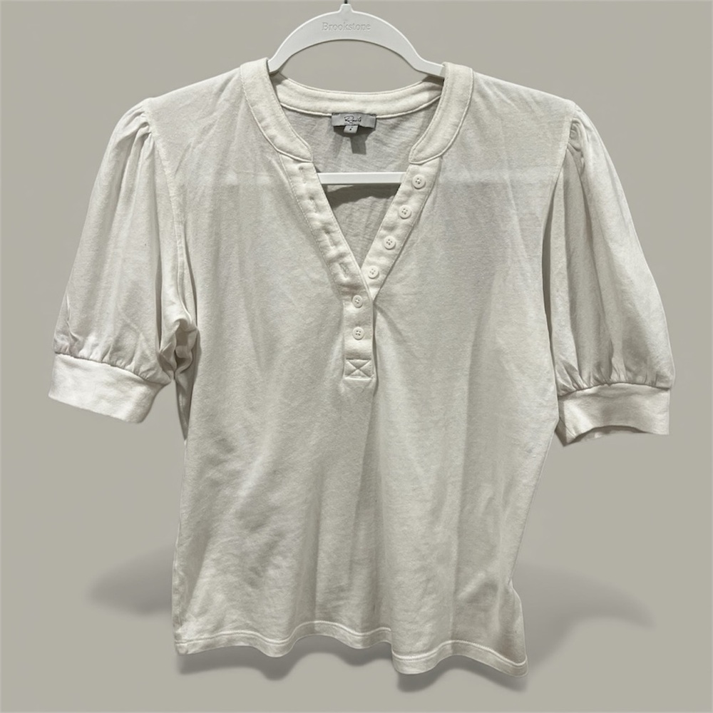 🧵 Rails White Cotton Henley with Puff Sleeves – Size S
